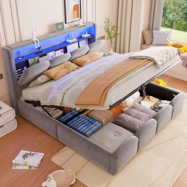 Letto imbottito 140x200 in velluto grigio con contenitore idraulico; LED; USB e Tipo-C
