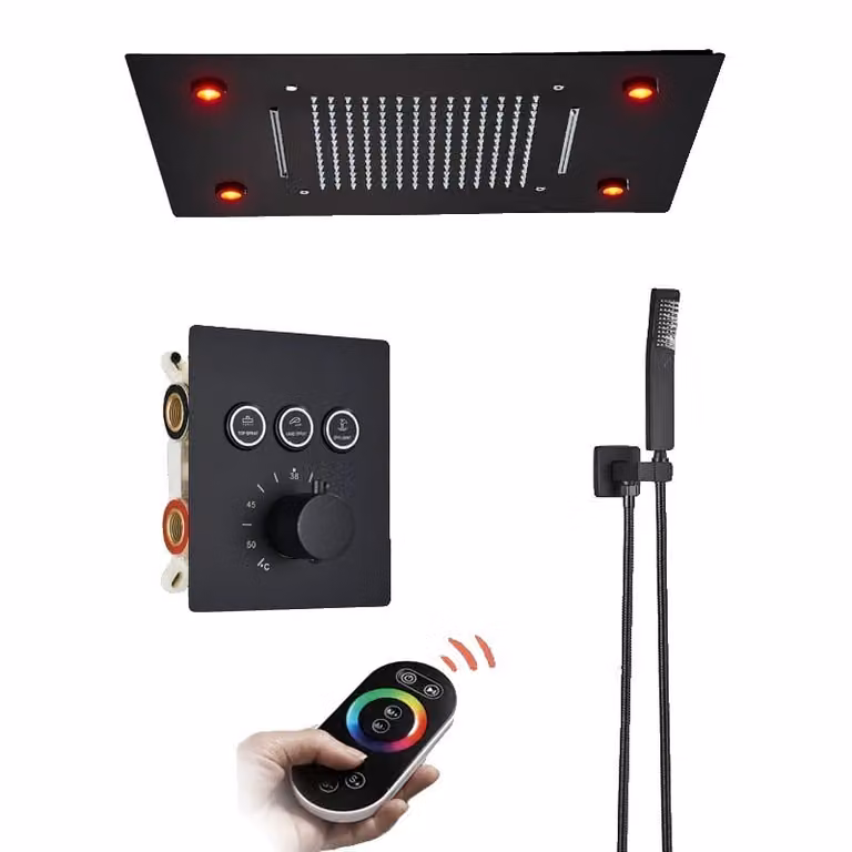 Sistema doccia a pioggia a LED, comando termostatico, telecomando, nero opaco B set