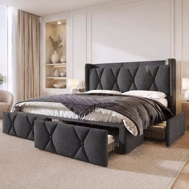 Letto matrimoniale imbottito 140x200 cm con 4 cassetti; ricarica USB e prese; grigio