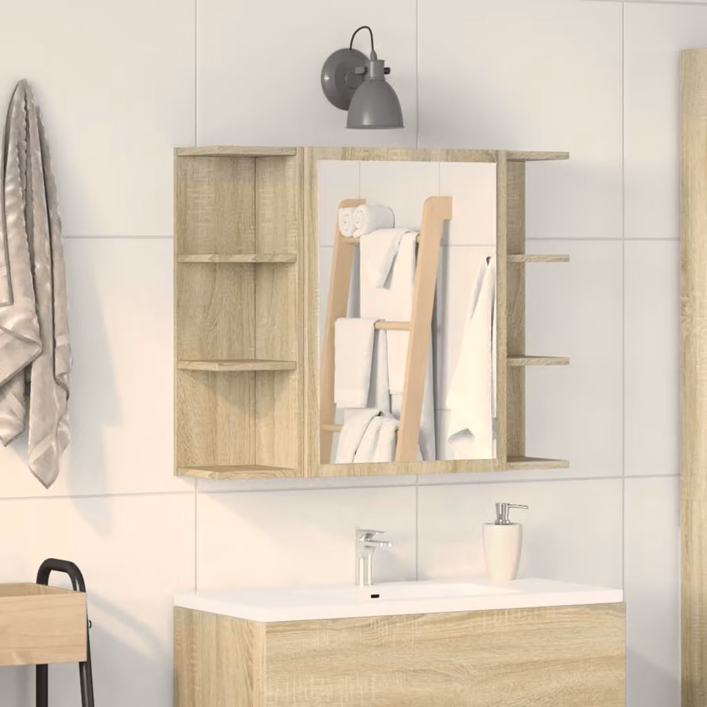 Mobile bagno con specchio vidaXL in rovere sonoma, L: 80 cm, P: 20,5 cm, H: 64 cm