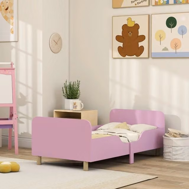 Letto per bambini basso 140×70 cm con barriera di sicurezza, salvaspazio, senza materasso, MDF e legno, rosa