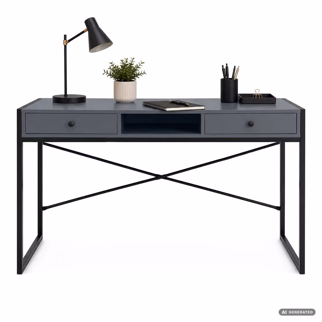 Scrivania da ufficio industriale AKORD FURNITURE FACTORY in MDF e metallo, colore grigio e nero, L: 123 cm, P: 80,5 cm, H: 48 cm – 2