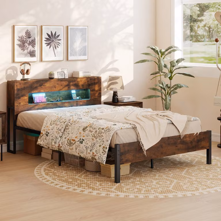 Letto piattaforma moderno Costway con contenitore, luci LED e prese USB, colore marrone, L/P: 200 x 140 cm