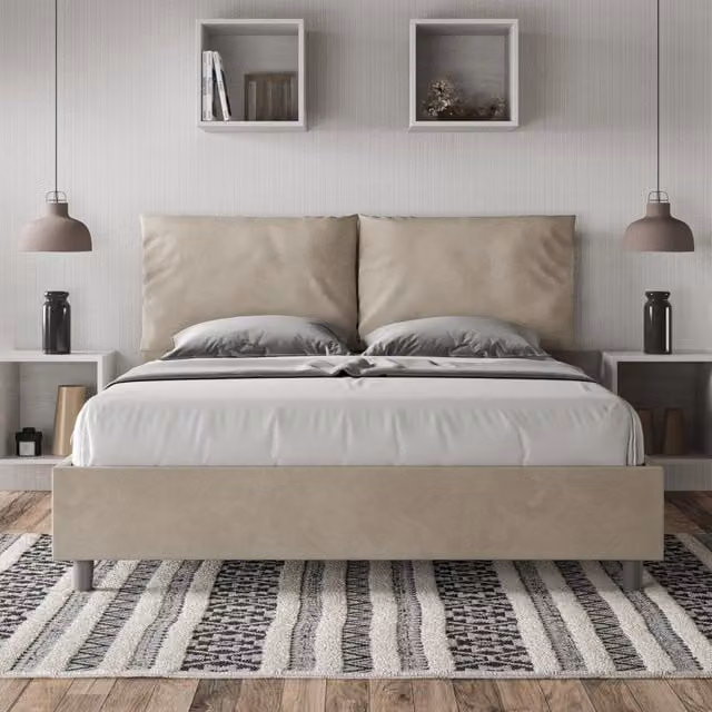 Letto queen size senza rete imbottito 150x200 microfibra sabbia Antea Large