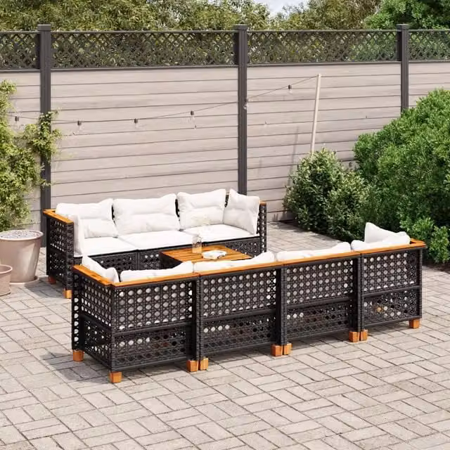 vidaXL Set Divani da Giardino a L con Cuscini 8 pz in Polyrattan Nero e Bianco con Tavolino e Struttura in Legno di Acacia