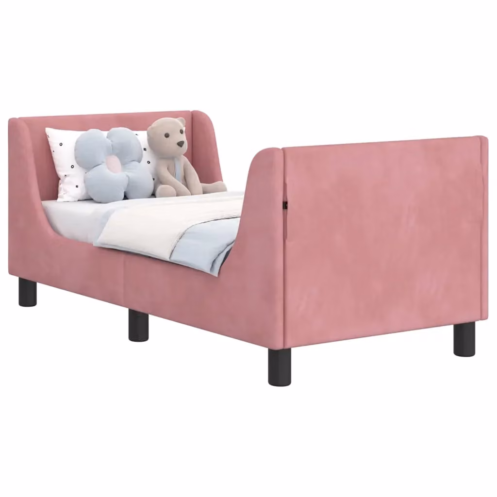 Struttura letto per bambini con testata e giroletto in velluto rosa, L: 140 cm, P: 70 cm, H: 76 cm – 2