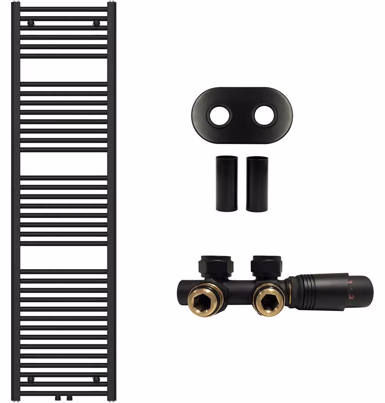 Kit radiatore per bagno Benito – riscaldamento centralizzato – attacco centrale da 50 mm – 703W – nero opaco – 1700x450 mm