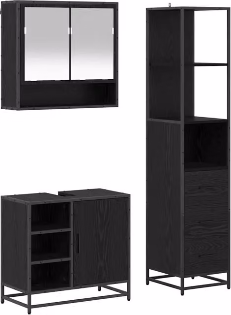 Set di mobili per il Bagno | Armadio da bagno 3 pz Rovere Nero Legno multistrato