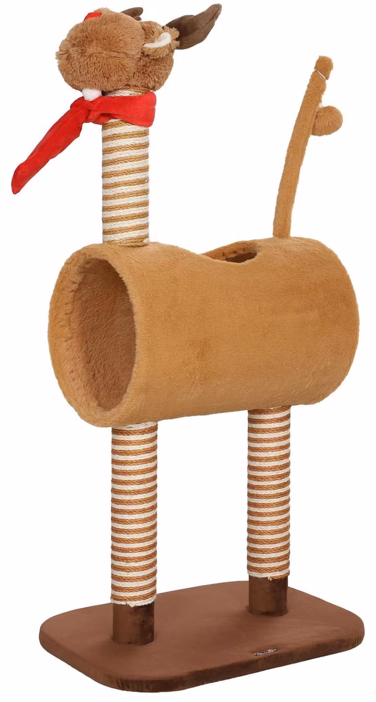 Tiragraffi per gatti - Albero da arrampicata - Altezza 98 cm - Design a forma di cervo con tana e pallina - 2 livelli - Corda di canapa