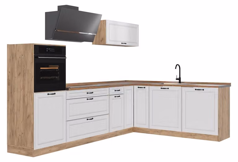 Cucina angolare completa Vicco R-Line Bianco country/Rovere dorato 287 x cm piano di lavoro Rovere dorato, Model 68155
