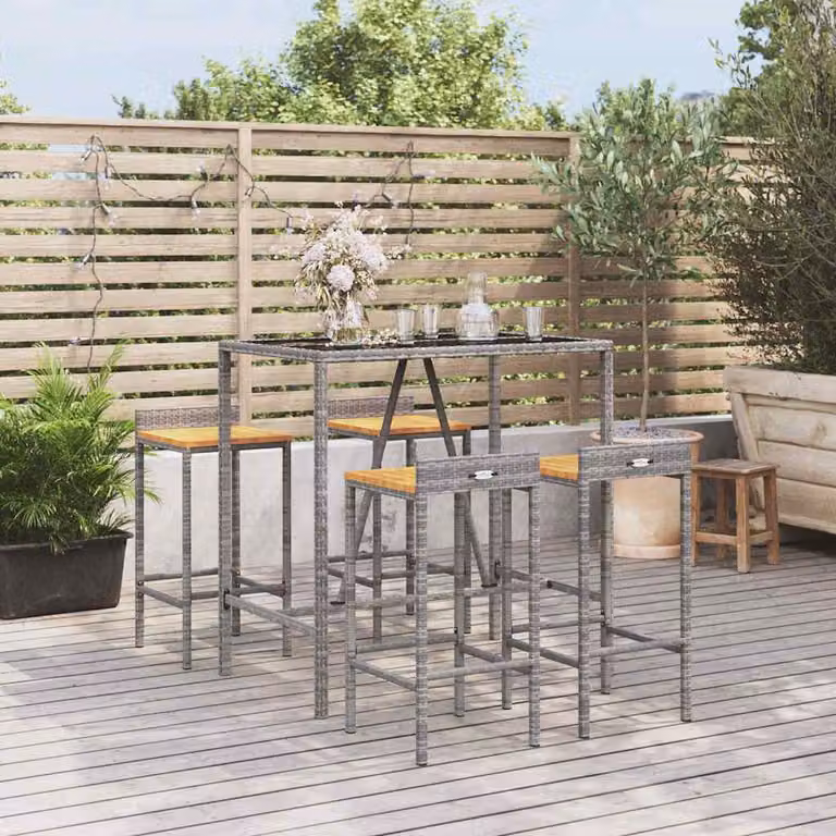 Set Bar da Giardino vidaXL 5 Pezzi in Polyrattan Grigio e Legno di Acacia con Piano in Vetro