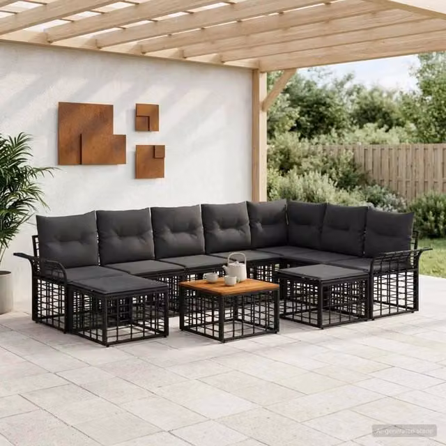 Set di divani da esterno 10 pz Nero e Grigio scuro Poliestere 3437815