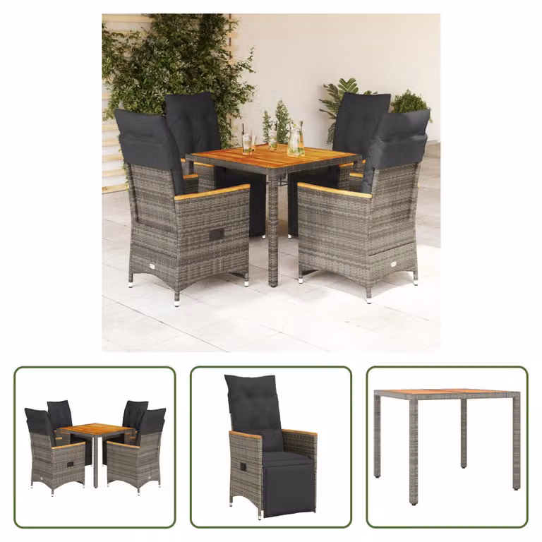 The Living Store Set da giardino bistrot 5 pezzi con cuscini in poly rattan grigio