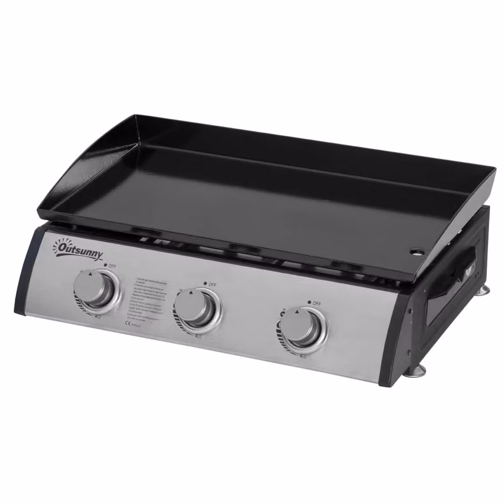 Grill a gas Outsunny con 3 fuochi, piastra antiaderente e struttura in acciaio inox, L 63 cm x P 48 cm x H 21 cm – 2