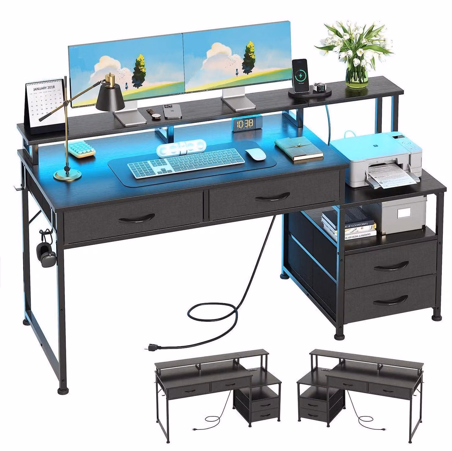 Scrivania per computer con 4 cassetti, prese integrate, supporto per monitor e illuminazione LED, dimensioni 140 x 48 cm, colore nero