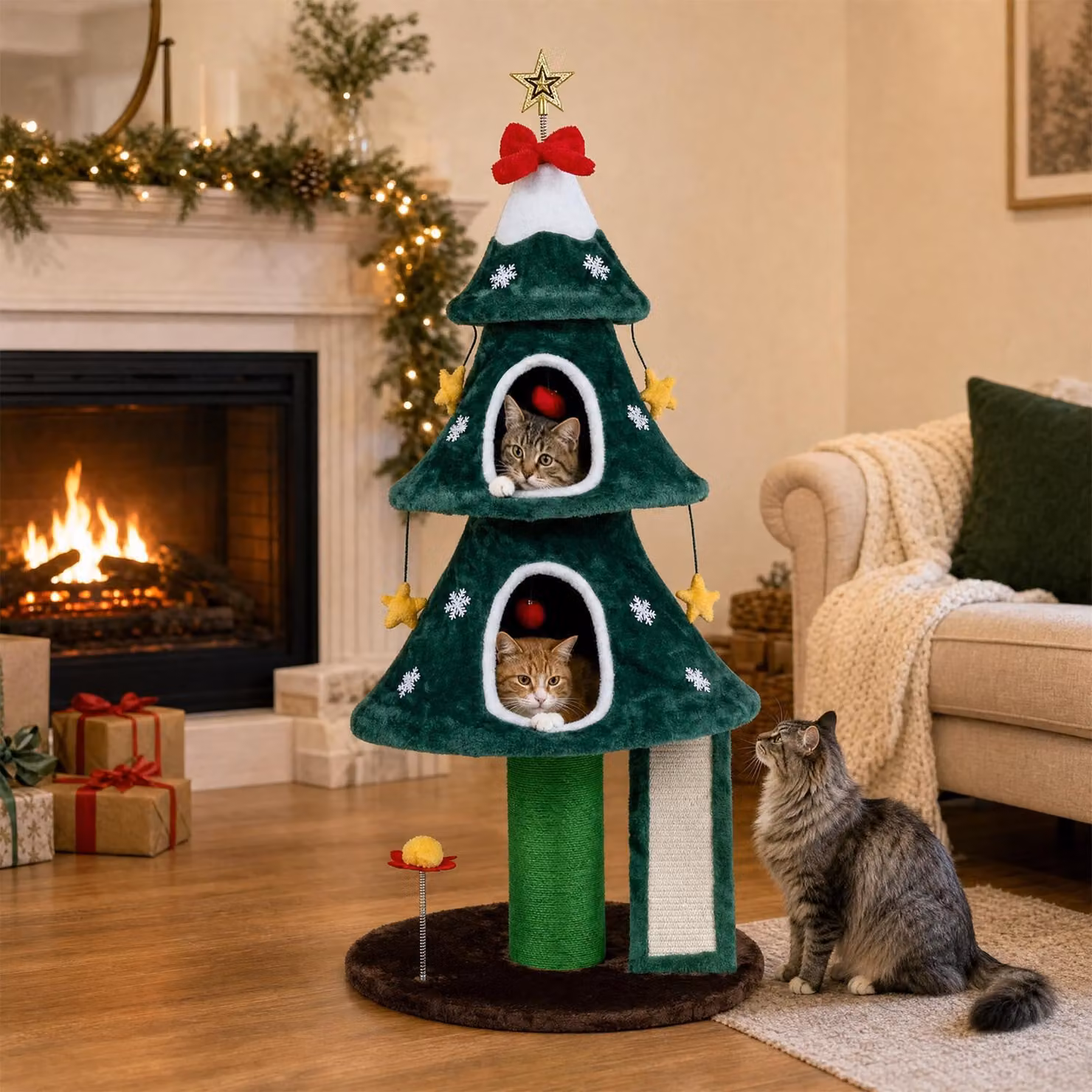 COSTWAY, albero di Natale per gatti da 137 cm, grattatore con 2 rifugi, palo per graffiare, pannello per graffiare e palla appesa. Arredamento per gatti dal design a forma di albero di Natale, torre per gatti