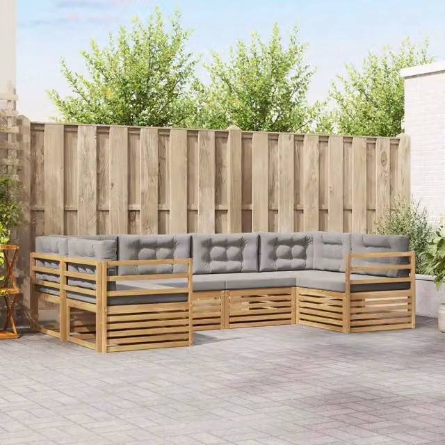 Set di divani da esterno a L vidaXL in legno di acacia con cuscini, Bianco e Grigio