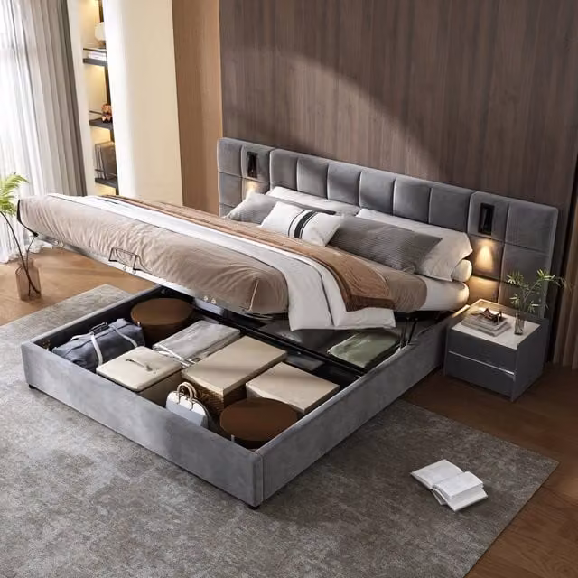 Letto contenitore matrimoniale 180×200 cm, luce regolabile e USB, senza materasso, velluto grigio