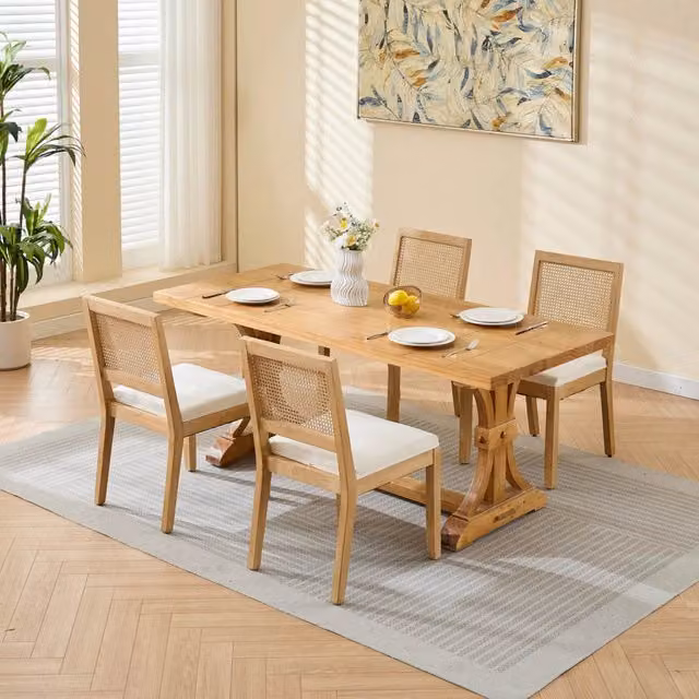 Set di 2 sedie da pranzo OKWISH in lino beige con schienale in rattan e struttura in legno massello, stile mid-century, H 94 x L 31 x P 46 cm