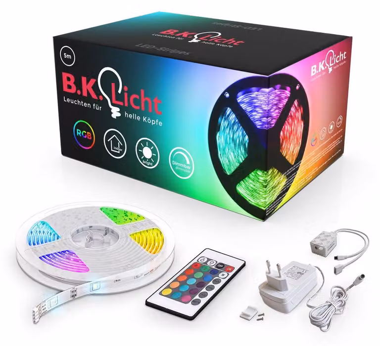 B.K.Licht Striscia a LED 5m RGB, telecomando cambia colore, accorciabile, adesiva, dimmerabile, luci colorate per decorazioni, nastro LED per soggiorno, cucina, camera, IP20
