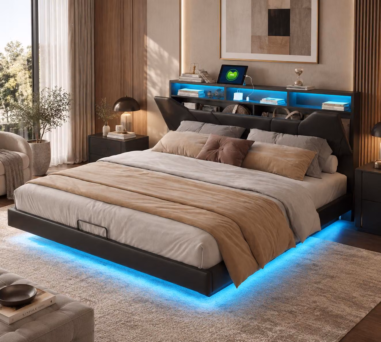 INONEFT Letto imbottito idraulico 140x200 cm con LED e USB, letto box sospeso con poggiatesta regolabile e spazio contenitore nascosto, colore nero
