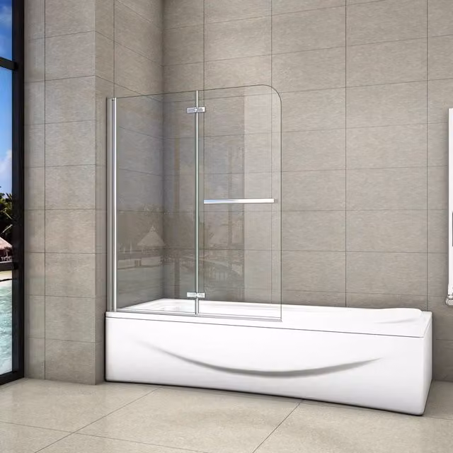 Paravento per vasca da bagno Aica Italy con due ante mobili, vetro temperato trasparente da 6 mm e maniglia portasciugamani, L: 140 cm, P: 100 cm – 1