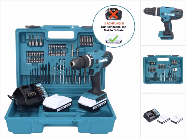 Trapano a percussione a batteria Makita HP 488 DAEX1 18 V 42 Nm serie G + 2x batteria ricaricabile 2,0 Ah + caricabatterie + set di accessori da 74 pezzi + valigetta
