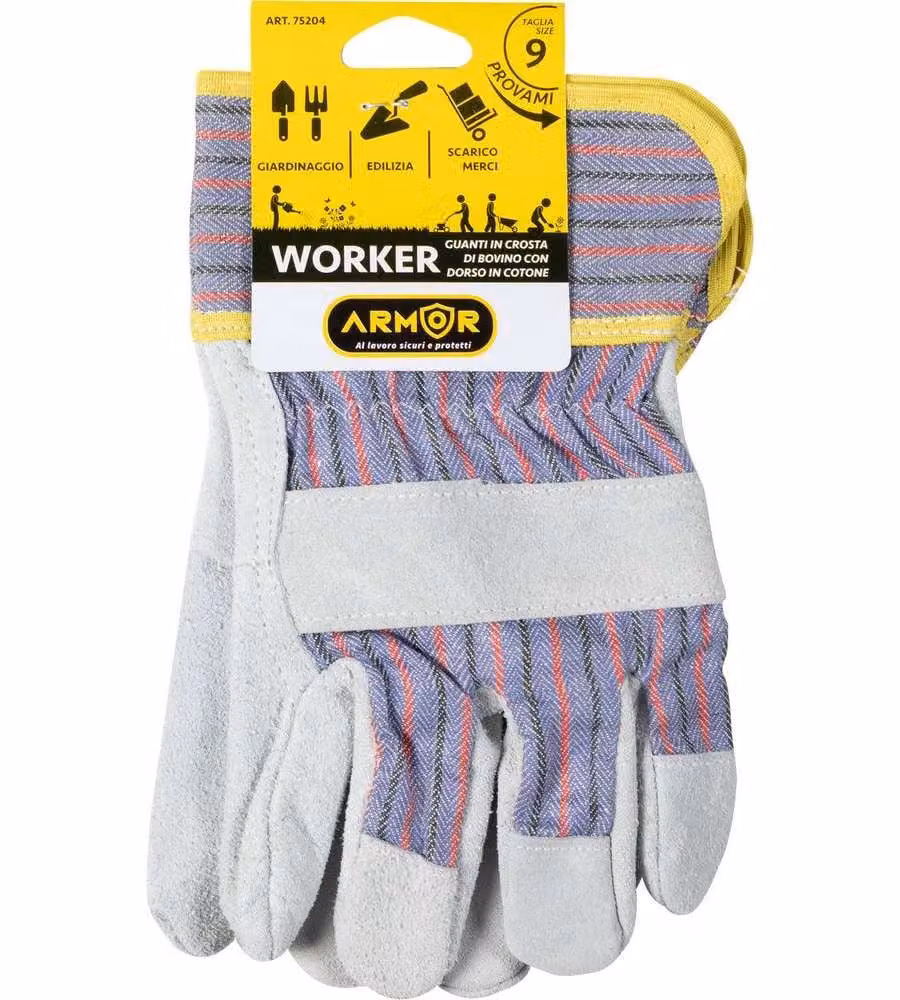 Guanti Worker in pelle o crosta di bovino con dorso in cotone taglia 9