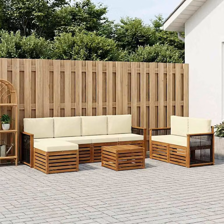 Set di divani da esterno vidaXL in legno di acacia con cuscini, 7 pezzi, colore beige e marrone