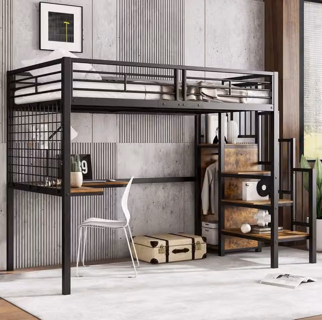 Letto a soppalco ULEVR 90x200 cm con scrivania e armadio integrati, scala laterale, nero e noce scuro