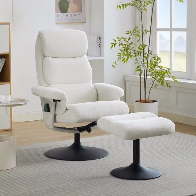 Poltrona relax girevole 360 WISHDOR in tessuto Chenille bianco con massaggio a 5 punti, funzione riscaldante e poggiapiedi incluso