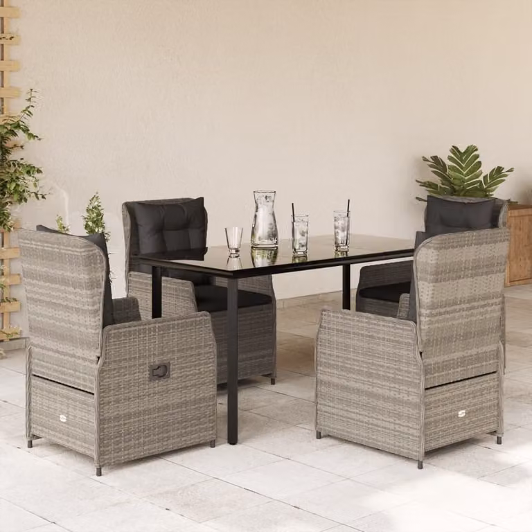 Set Pranzo da Giardino vidaXL in Polyrattan con Piano in Vetro e Cuscini, 5 Pezzi, Grigio e Nero