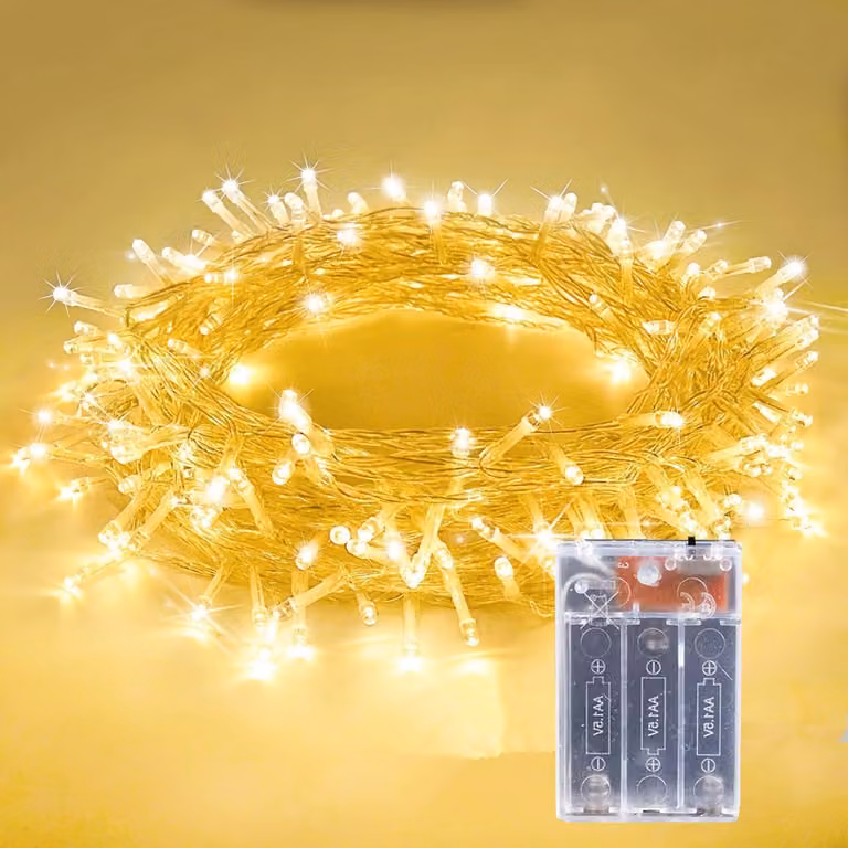 Catena luminosa da 10 metri, con 80 LED, luce bianco caldo, alimentazione a batteria, grado di protezione IP44, 2 modalità