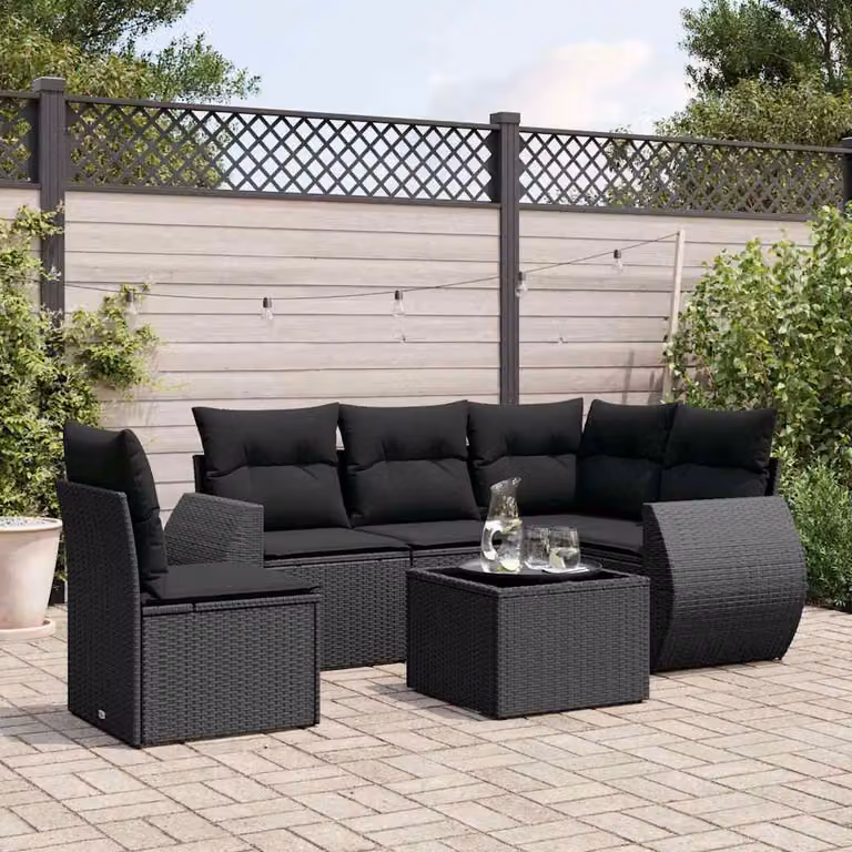 Set Divano da Giardino vidaXL 6 pz a L con Cuscini Nero in Polyrattan e Struttura in Acciaio