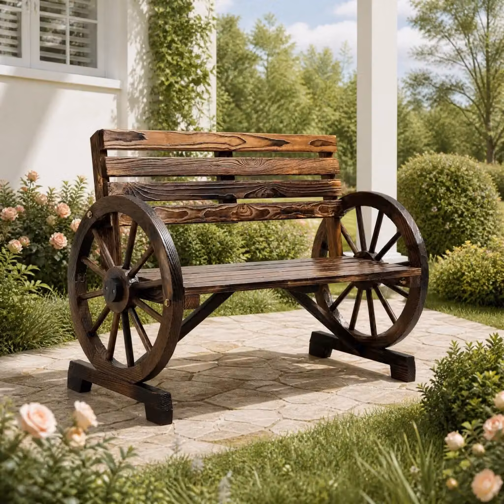 Panca da giardino a 2 posti MODFU in legno di abete marrone con braccioli, stile rustico, L: 105,5 cm, P: 56 cm, H: 79 cm – 2