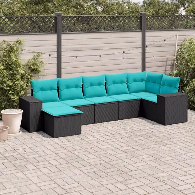 Set Divani da Giardino 7 pz con Cuscini Nero in Polyrattan 3222876