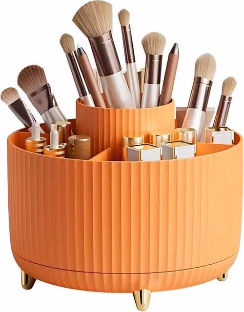 Organizzatore di trucco rotante a 360 gradi con grande capacità e 5 fessure, colore arancione in plastica