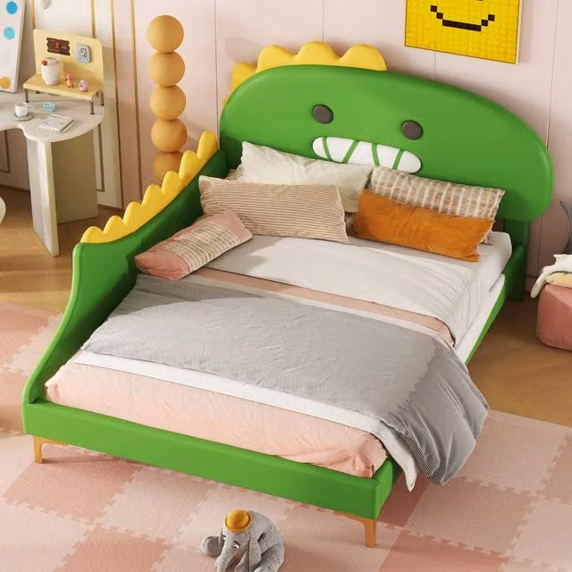Letto per bambini a forma di dinosauro 140 x 200 cm; PU e MDF; verde per cameretta