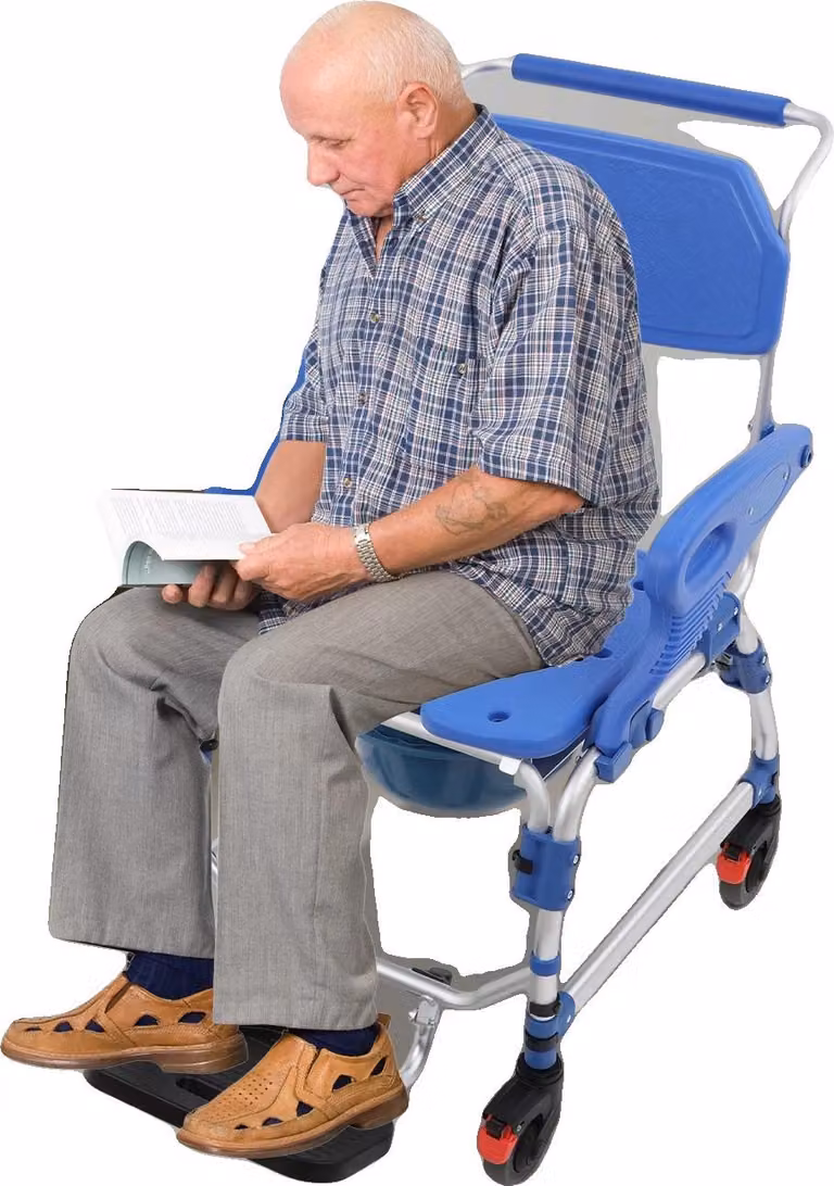 Sedia multifunzionale per WC e doccia, carico massimo 125 kg, dimensioni del prodotto 62 x 59 x 100 cm, dimensioni del sedile 42 x 43 cm, larghezza interna del bracciolo 54 cm, numero di ruote 4