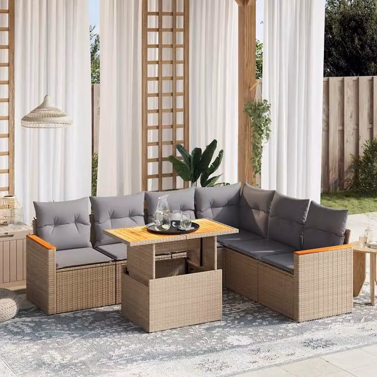 vidaXL Set Divani da Giardino 7 pz a Forma a L in Polyrattan con Cuscini Beige e Tavolino
