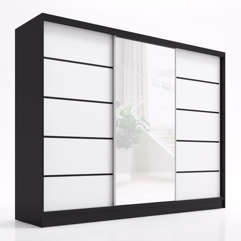 Armadio a porte scorrevoli, a 3 ante, 200 cm con specchio ARIVA 2 (nero, bianco)