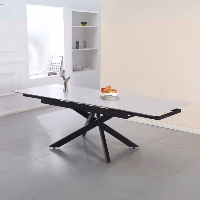 Tavolo allungabile Trivia con piano in ceramica larice beige e gambe in metallo nero 160x90x75.5H