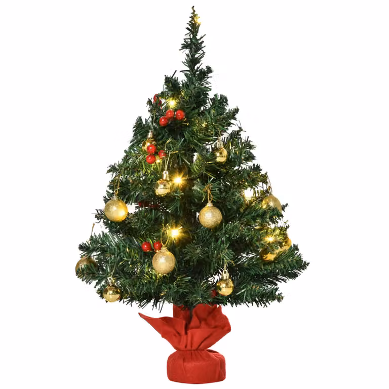Albero di Natale piccolo, mini albero di Natale con bacche di agrifoglio, palline e luci LED, decorazione da tavola verde in PVC ∅40 x 60 cm