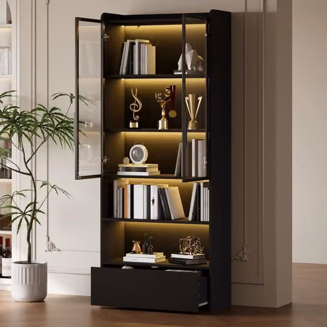Vetrina REDOM moderna in MDF e vetro nera con illuminazione LED e un cassetto L 80 x P 34 x H 180 cm