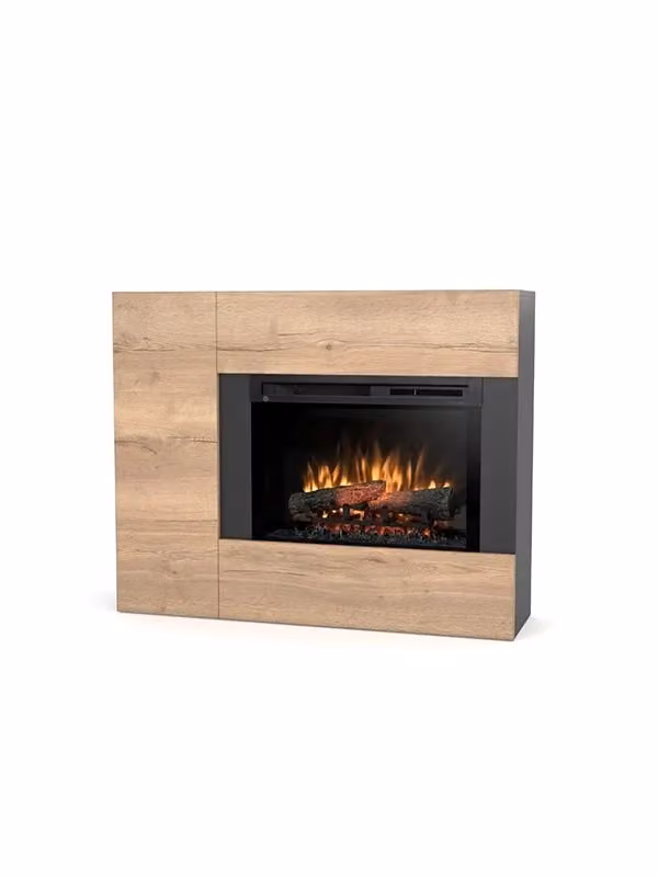 Caminetto elettrico da pavimento a libera installazione con LED e Bluetooth Outinfire, Nero e Rovere chiaro, in MDF – 2