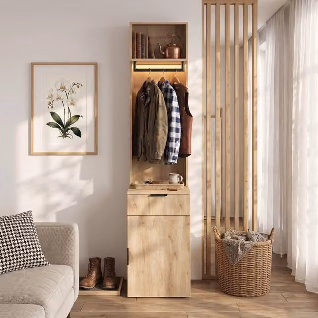 Guardaroba da ingresso 45 x 47 x 200 cm con illuminazione LED e cassetto portagioie; 1 asta appendiabiti; 2 scomparti contenitore
