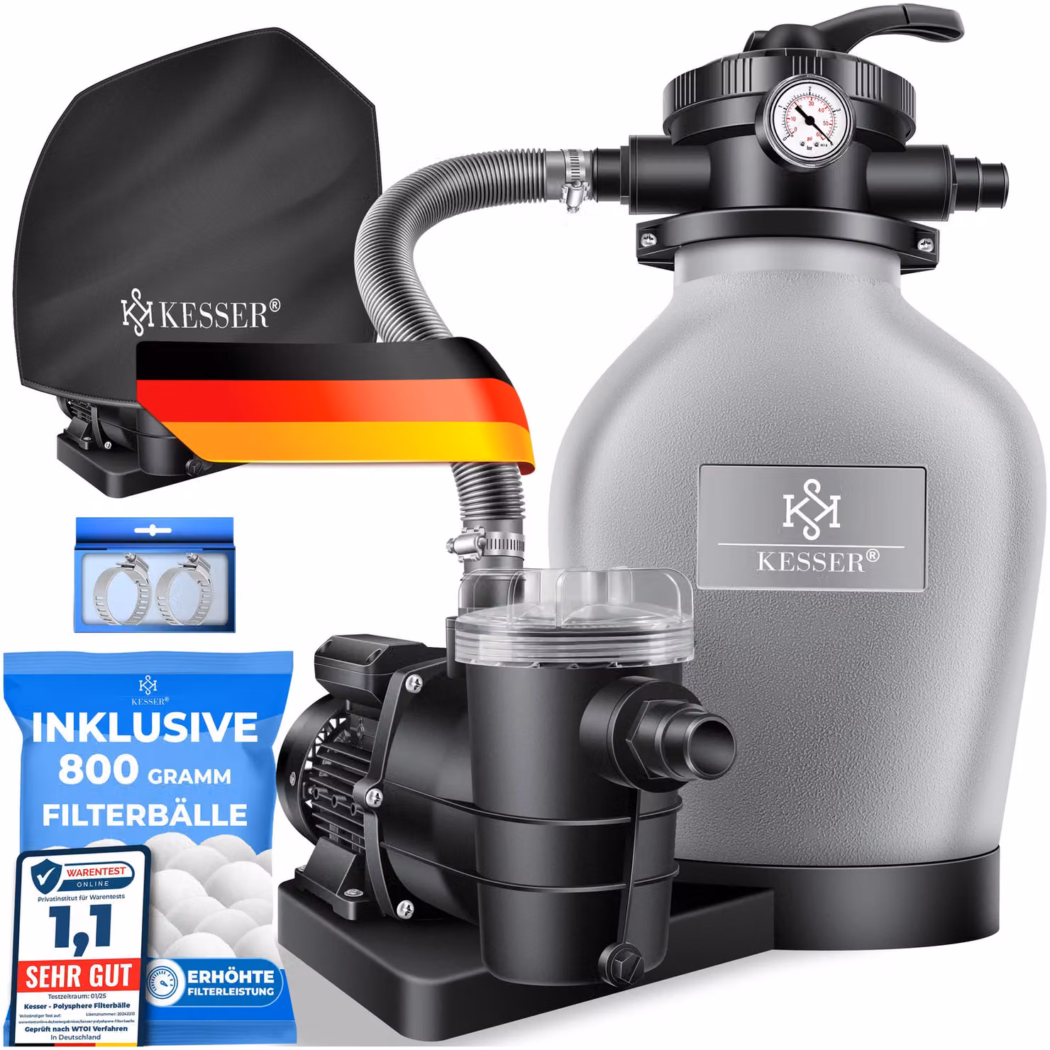 Impianto di filtrazione a sabbia KESSER® con pompa e 800 g di sfere filtranti, impianto di filtrazione da 10 m³/h per piscine