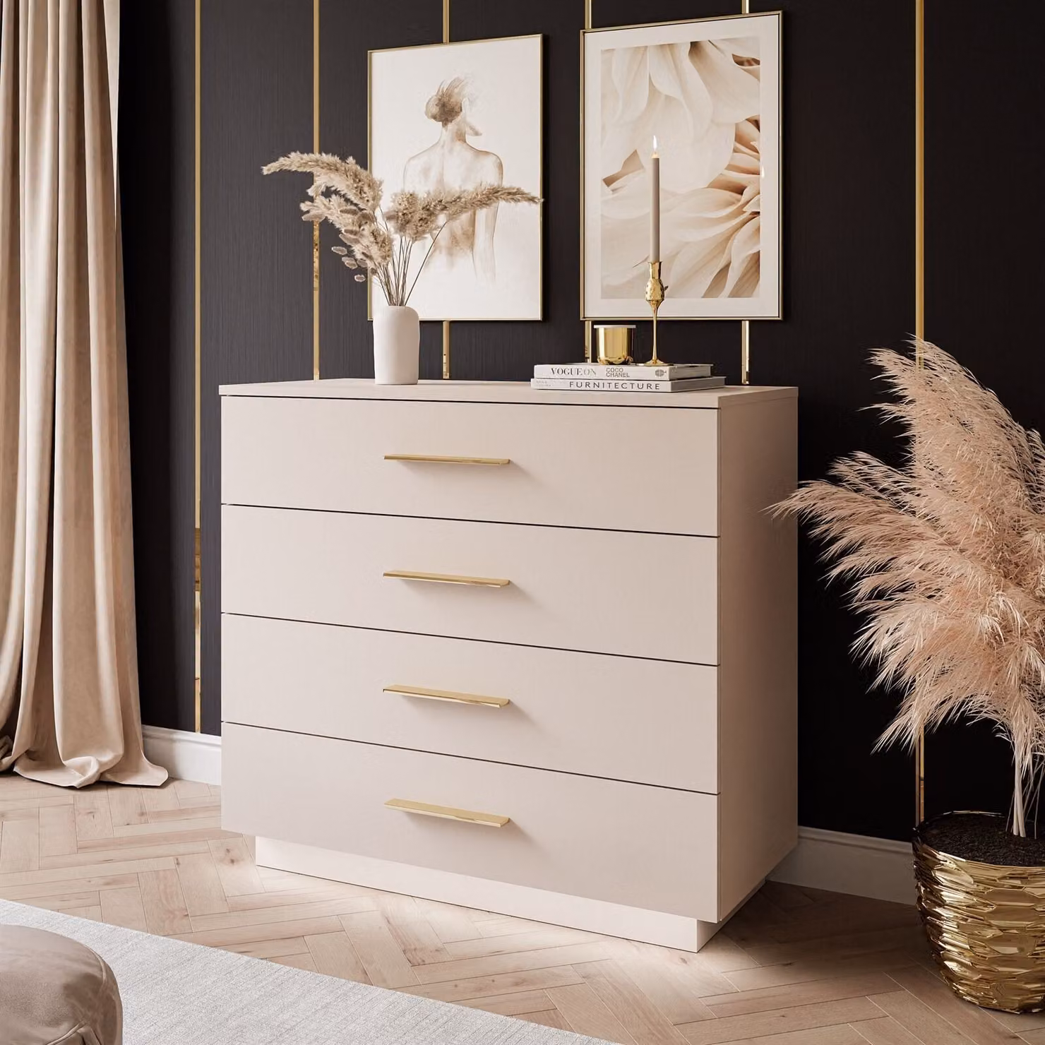 Comodà LINA KASCHMIR da 95 cm con illuminazione a LED e maniglie cromate dorate