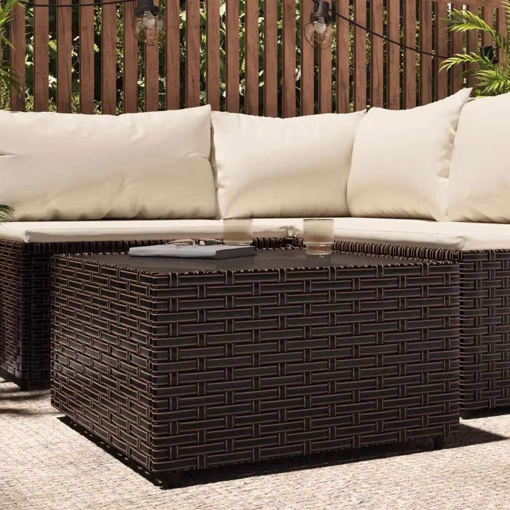 vidaXL Tavolino Quadrato da Giardino in Polyrattan Marrone con Piano in Vetro L/P: 50 x 50 cm, H: 30 cm