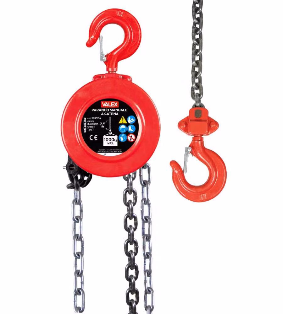 Valex Paranco Manuale a Catena 1000kg 3m Doppio Freno Ganci Girevoli